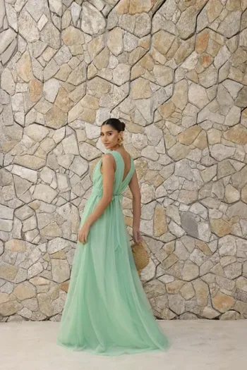 VESTIDO DE FESTA SAN ANDRES TULE COM FAIXA - VERDE MENTA
