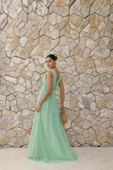 VESTIDO DE FESTA SAN ANDRES TULE COM FAIXA - VERDE MENTA