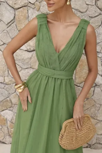 VESTIDO DE FESTA SAN ANDRES TULE COM FAIXA - VERDE EUCALIPTO
