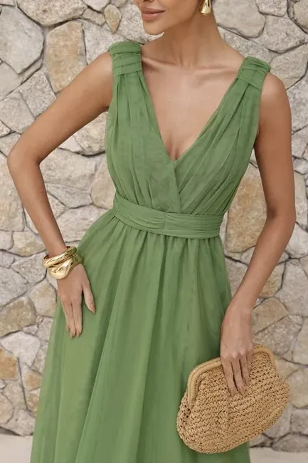 VESTIDO DE FESTA SAN ANDRES TULE COM FAIXA - VERDE EUCALIPTO