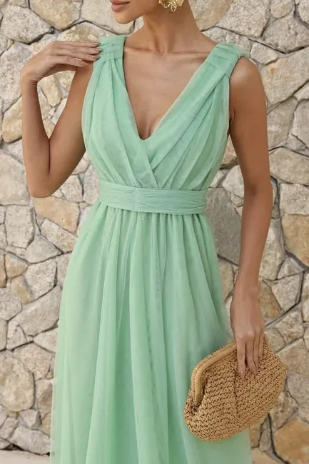 VESTIDO DE FESTA SAN ANDRES TULE COM FAIXA - VERDE MENTA