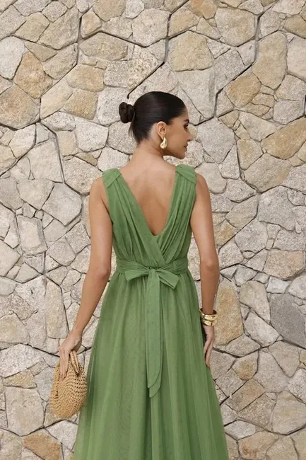 VESTIDO DE FESTA SAN ANDRES TULE COM FAIXA - VERDE EUCALIPTO