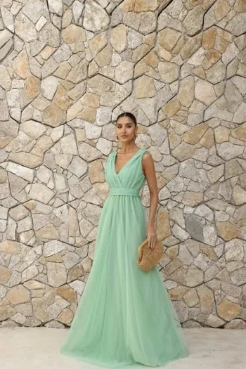 VESTIDO DE FESTA SAN ANDRES TULE COM FAIXA - VERDE MENTA