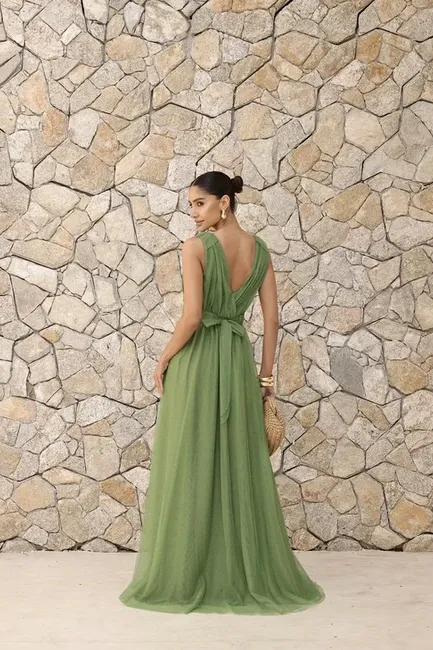 VESTIDO DE FESTA SAN ANDRES TULE COM FAIXA - VERDE EUCALIPTO
