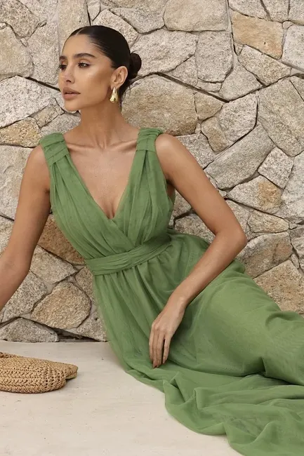 VESTIDO DE FESTA SAN ANDRES TULE COM FAIXA - VERDE EUCALIPTO