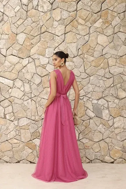 VESTIDO DE FESTA SAN ANDRES TULE COM FAIXA - PINK