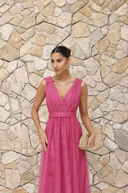 VESTIDO DE FESTA SAN ANDRES TULE COM FAIXA - PINK
