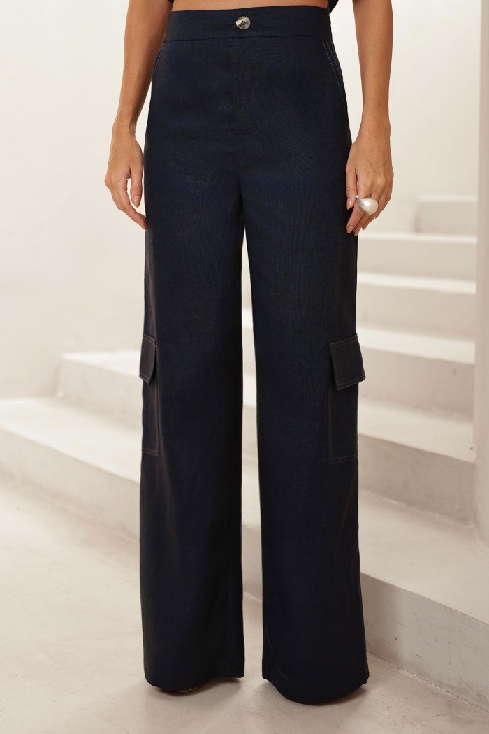 CONJUNTO REGATA E CALÇA MILANO LINHO - AZUL MARINHO