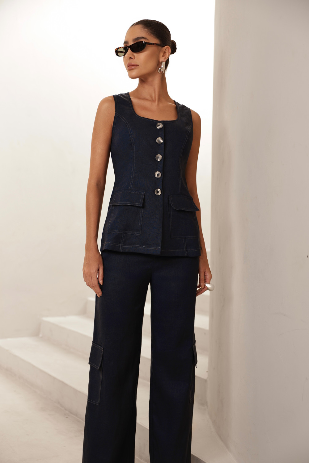 CONJUNTO REGATA E CALÇA MILANO LINHO - AZUL MARINHO