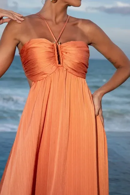 VESTIDO LONGO PLISSADO JUJU - LARANJA