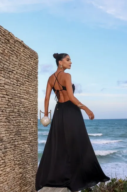 VESTIDO LONGO PLISSADO JUJU - PRETO