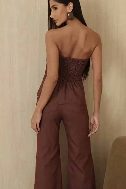 CONJUNTO TÁSSIA BLUSA E CALÇA SARJA - MARROM