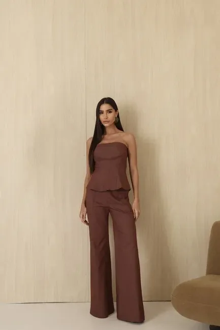 CONJUNTO TÁSSIA BLUSA E CALÇA SARJA - MARROM