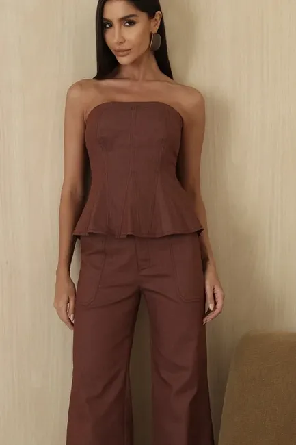 CONJUNTO TÁSSIA BLUSA E CALÇA SARJA - MARROM