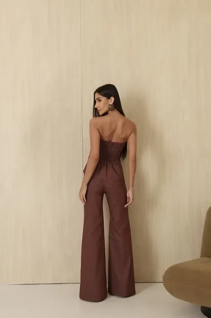 CONJUNTO TÁSSIA BLUSA E CALÇA SARJA - MARROM