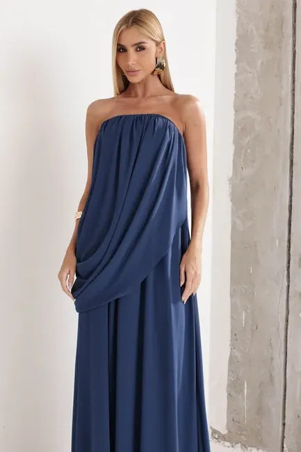 VESTIDO LONGO LOUISE DRAPEADO - AZUL INDIGO