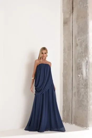 VESTIDO LONGO LOUISE DRAPEADO - AZUL INDIGO