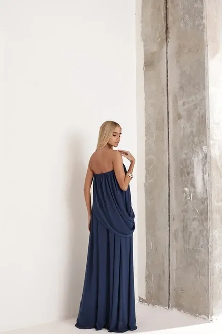 VESTIDO LONGO LOUISE DRAPEADO - AZUL INDIGO