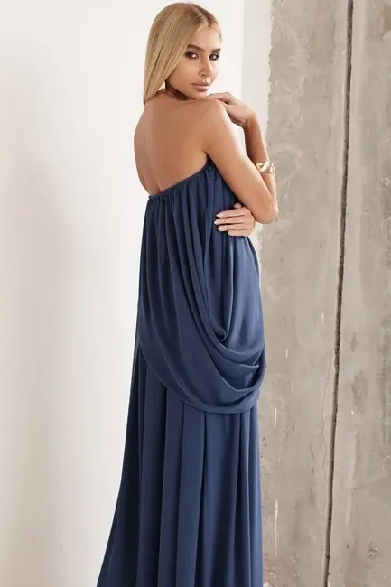 VESTIDO LONGO LOUISE DRAPEADO - AZUL INDIGO