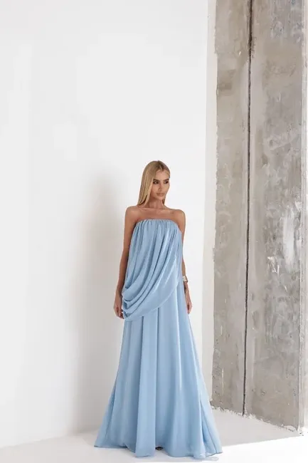 VESTIDO LONGO LOUISE DRAPEADO - AZUL SERENITY