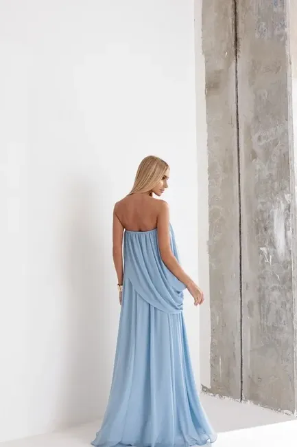 VESTIDO LONGO LOUISE DRAPEADO - AZUL SERENITY