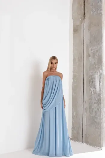 VESTIDO LONGO LOUISE DRAPEADO - AZUL SERENITY