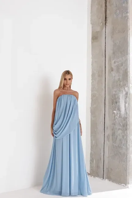 VESTIDO LONGO LOUISE DRAPEADO - AZUL SERENITY