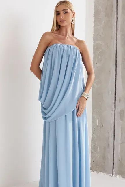 VESTIDO LONGO LOUISE DRAPEADO - AZUL SERENITY