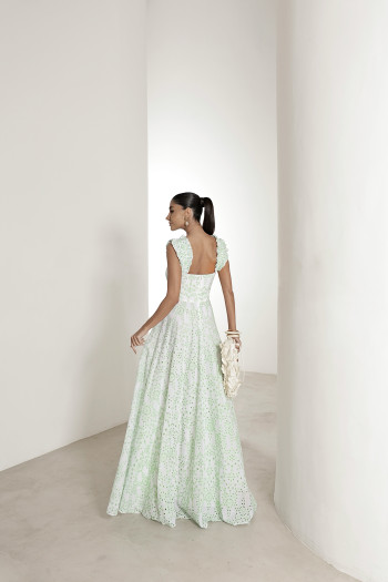 VESTIDO LONGO EM LAISE CURAÇAO COM BABADOS - VERDE LIMÃO