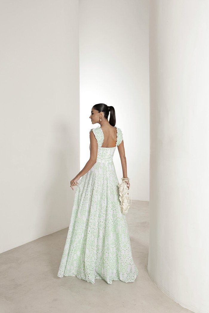VESTIDO LONGO EM LAISE CURAÇAO COM BABADOS - VERDE LIMÃO