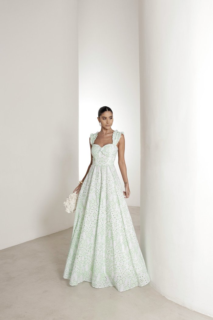 VESTIDO LONGO EM LAISE CURAÇAO COM BABADOS - VERDE LIMÃO