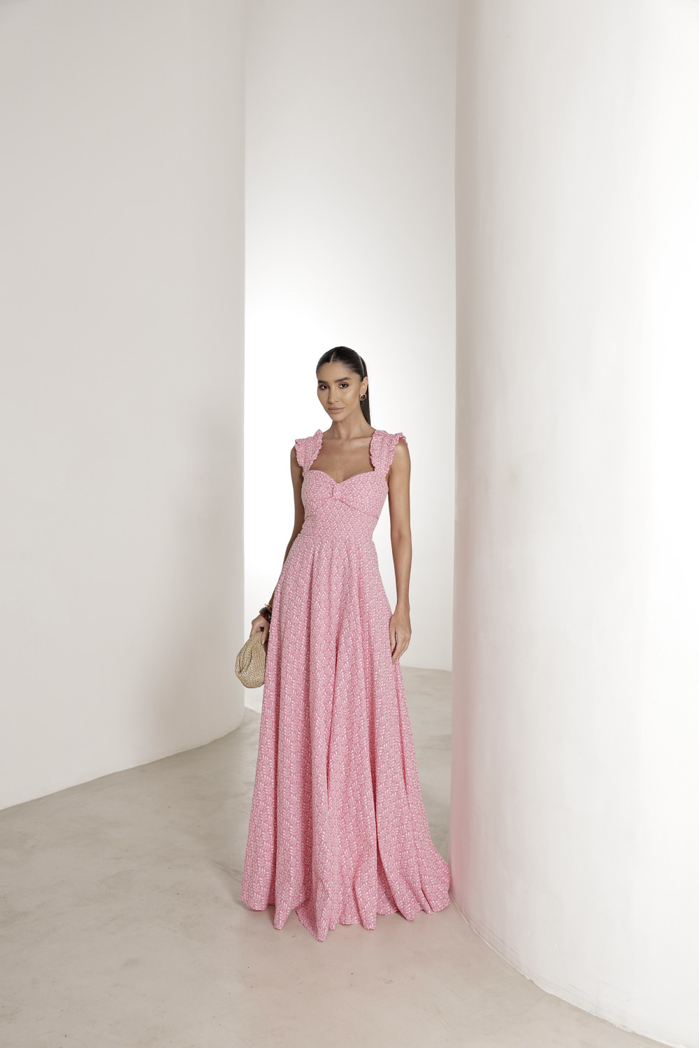 VESTIDO LONGO EM LAISE CURAÇAO COM BABADOS - ROSA