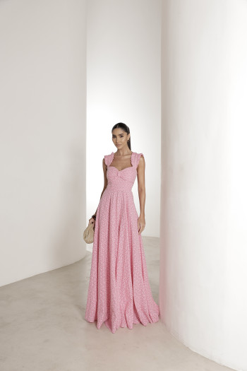 VESTIDO LONGO EM LAISE CURAÇAO COM BABADOS - ROSA