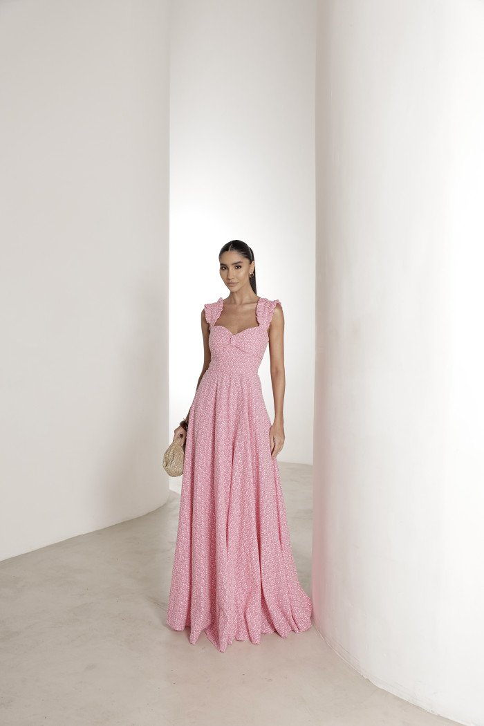 VESTIDO LONGO EM LAISE CURAÇAO COM BABADOS - ROSA