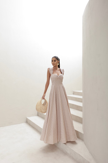 VESTIDO LONGO EM LAISE CURAÇAO COM BABADOS - BEGE