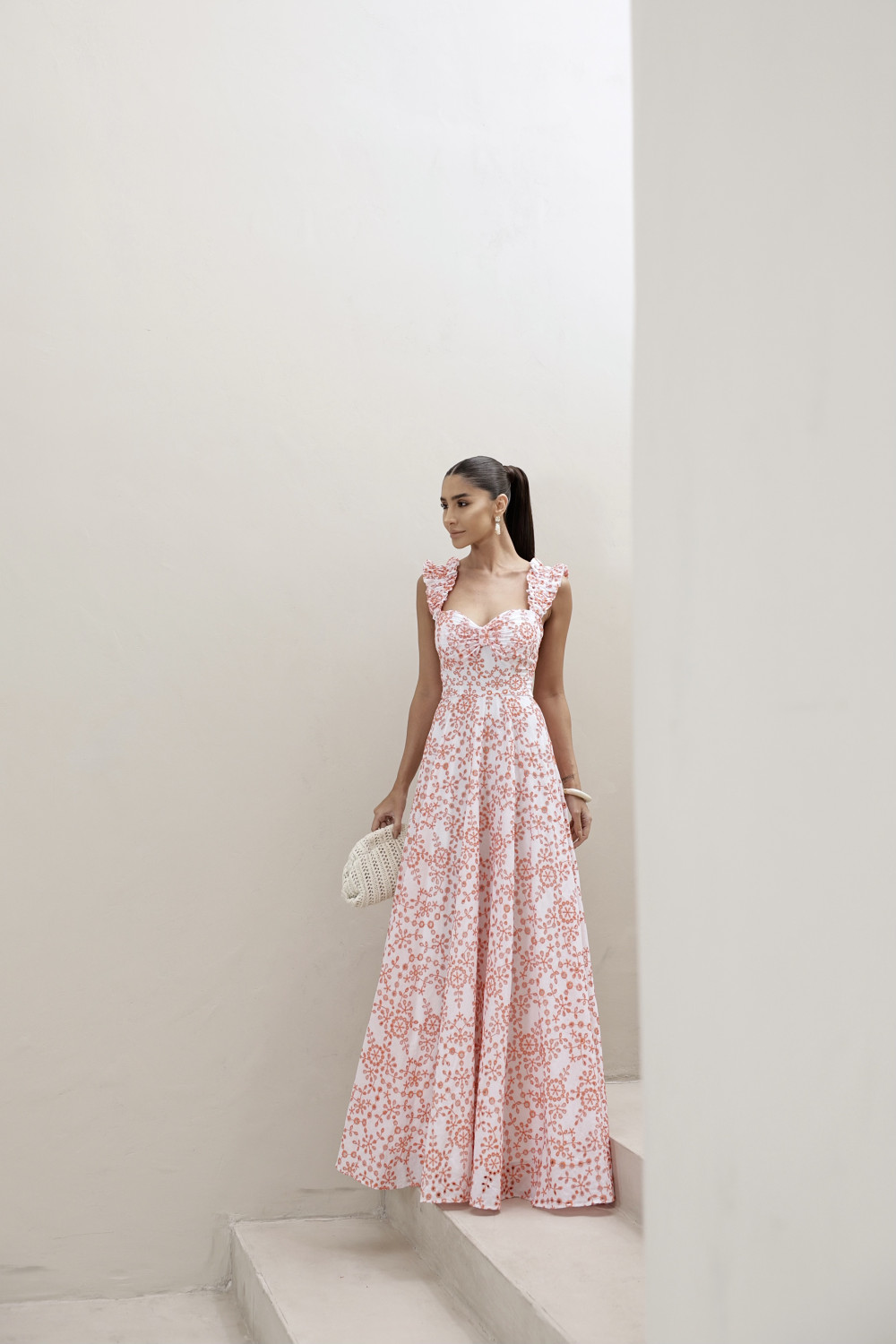 VESTIDO LONGO EM LAISE CURAÇAO COM BABADOS - LARANJA