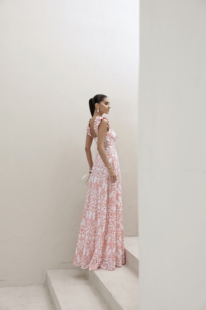 VESTIDO LONGO EM LAISE CURAÇAO COM BABADOS - LARANJA