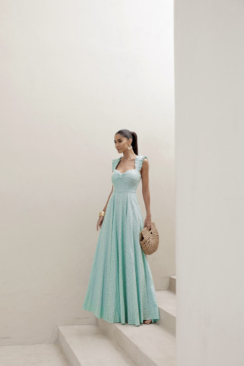 VESTIDO LONGO EM LAISE CURAÇAO COM BABADOS - TURQUESA