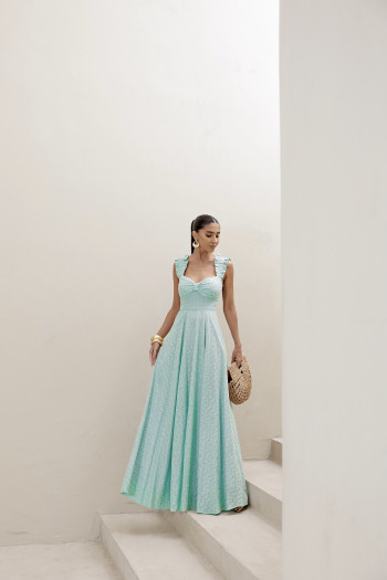 VESTIDO LONGO EM LAISE CURAÇAO COM BABADOS - TURQUESA