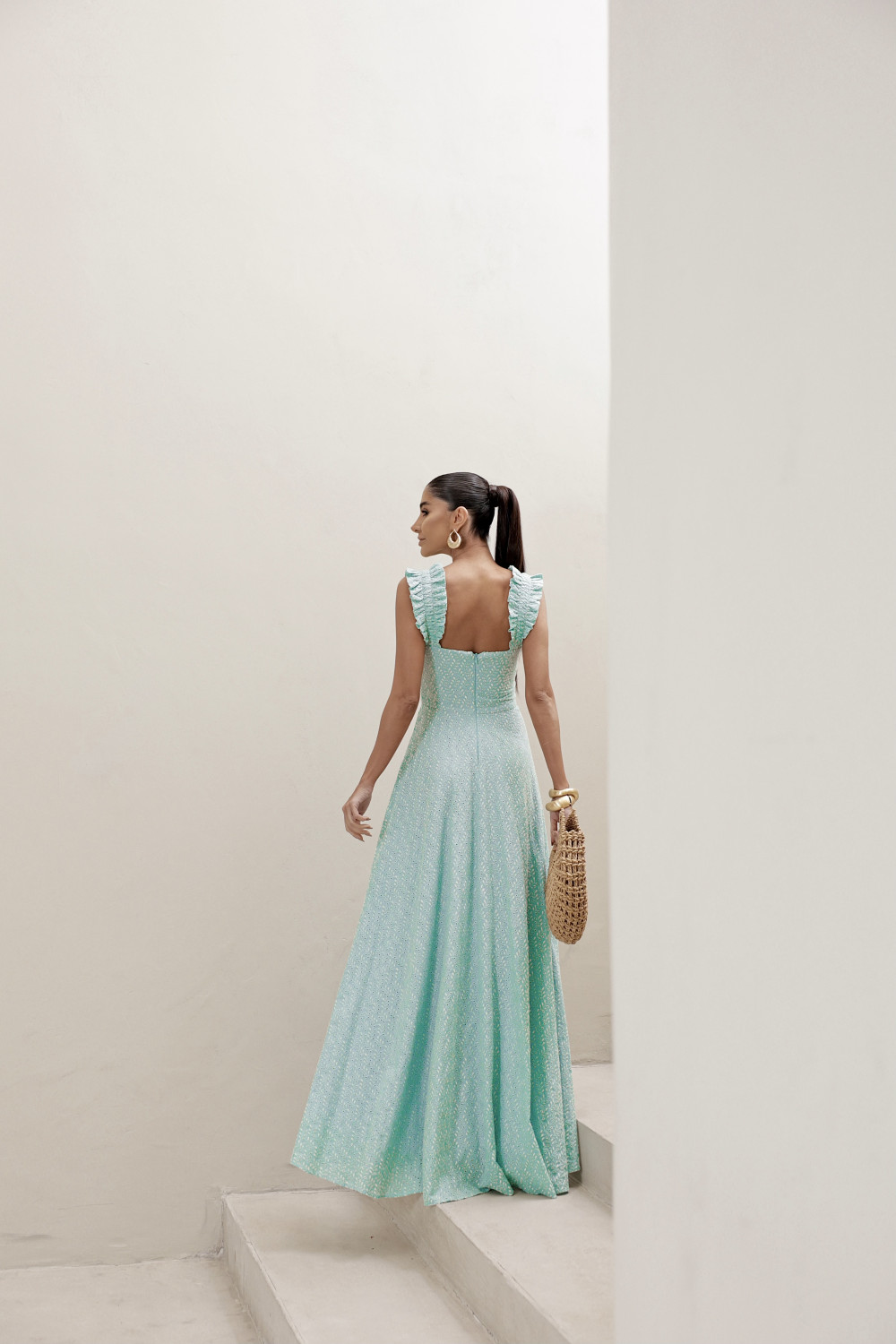 VESTIDO LONGO EM LAISE CURAÇAO COM BABADOS - TURQUESA