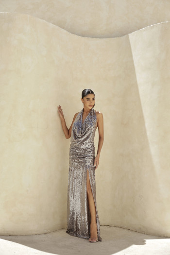 VESTIDO LONGO PAETÊ FRENTE ÚNICA JERICOACOARA - CHOCOLATE