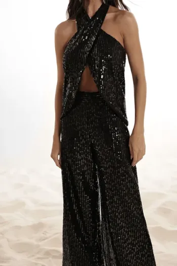 CONJUNTO PAETÊ BLUSA CRUZADA JERICOACOARA - PRETO