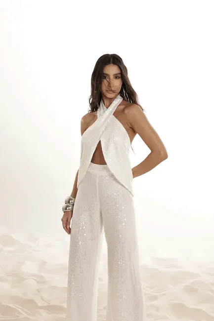 CONJUNTO PAETÊ BLUSA CRUZADA JERICOACOARA - OFF WHITE