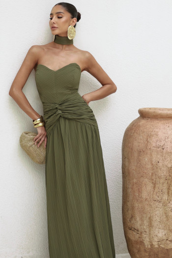 VESTIDO LONGO COM CHOKER SAIA PLISSADA SUZANA - VERDE MILITAR