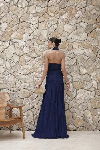 VESTIDO LONGO COM CHOKER SAIA PLISSADA SUZANA - AZUL MARINHO