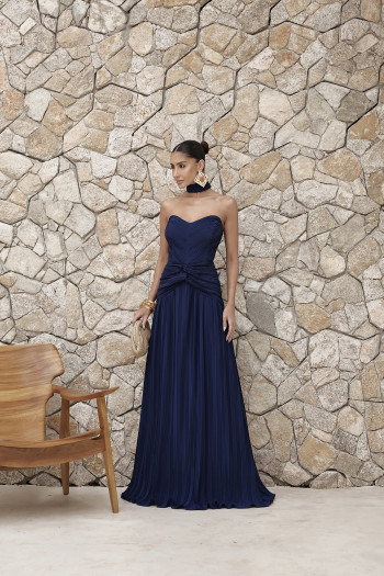 VESTIDO LONGO COM CHOKER SAIA PLISSADA SUZANA - AZUL MARINHO