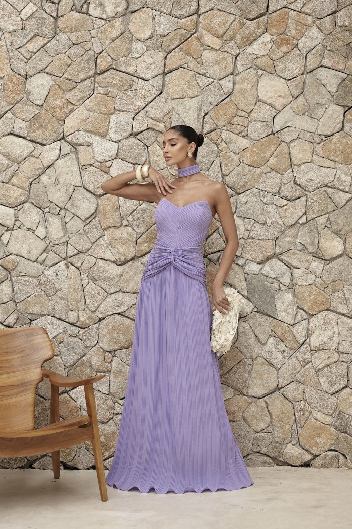 VESTIDO LONGO COM CHOKER SAIA PLISSADA SUZANA - LILÁS