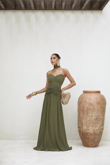 VESTIDO LONGO COM CHOKER SAIA PLISSADA SUZANA - VERDE MILITAR