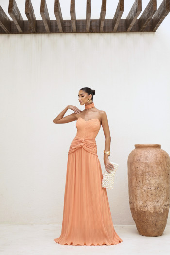 VESTIDO LONGO COM CHOKER SAIA PLISSADA SUZANA - TANGERINA