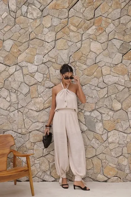 CONJUNTO CHLOÉ BLUSA FRENTE ÚNICA - AREIA